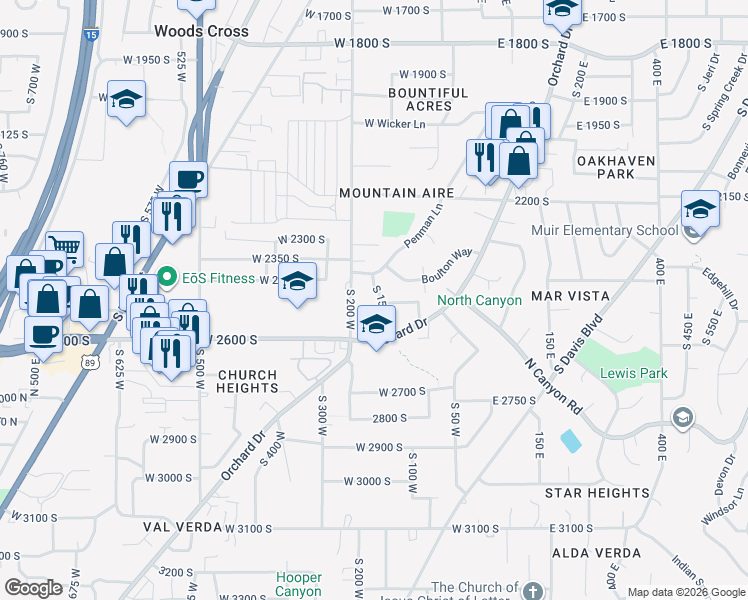 map of restaurants, bars, coffee shops, grocery stores, and more near 2482 South 150 West in Bountiful