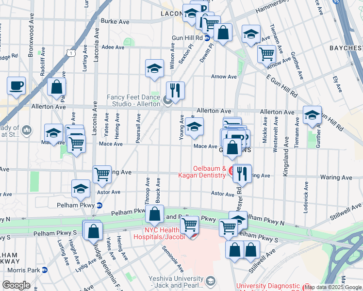 map of restaurants, bars, coffee shops, grocery stores, and more near 1325 Mace Avenue in Bronx