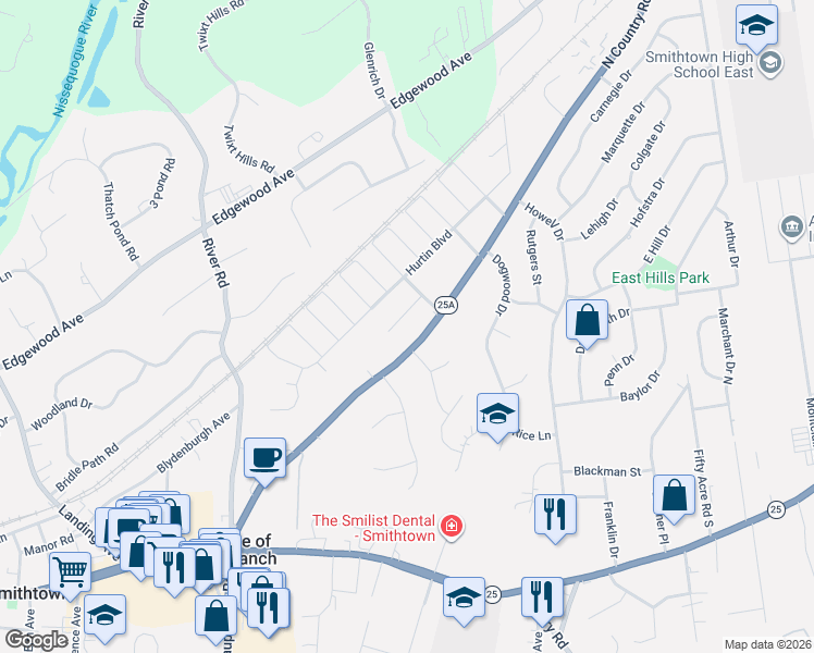 map of restaurants, bars, coffee shops, grocery stores, and more near 8 Marlan Court in Smithtown
