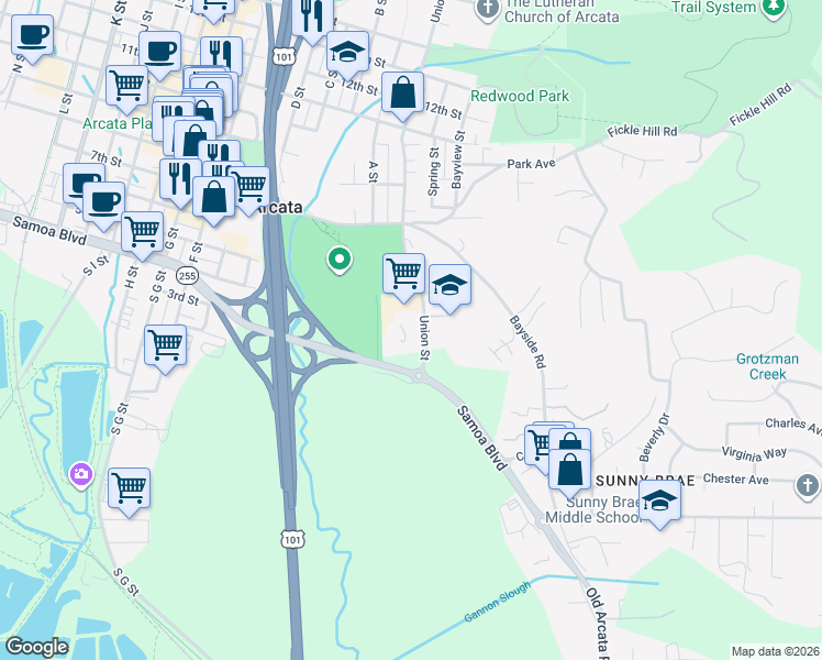 map of restaurants, bars, coffee shops, grocery stores, and more near in Arcata