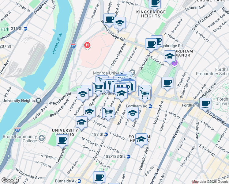 map of restaurants, bars, coffee shops, grocery stores, and more near 25 West Fordham Road in Bronx