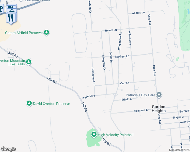 map of restaurants, bars, coffee shops, grocery stores, and more near 109 Homestead Drive in Coram