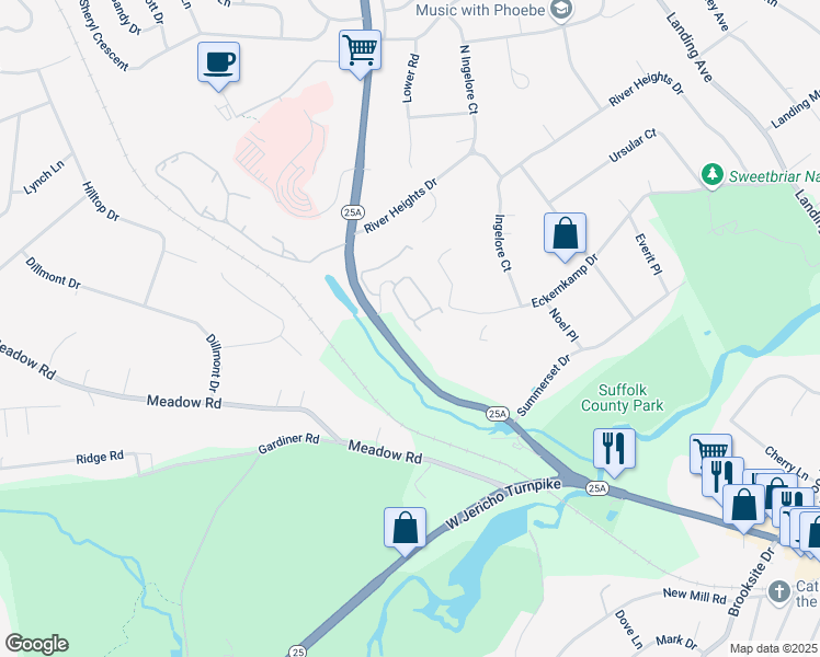map of restaurants, bars, coffee shops, grocery stores, and more near 30 Willow Ridge Drive in Smithtown