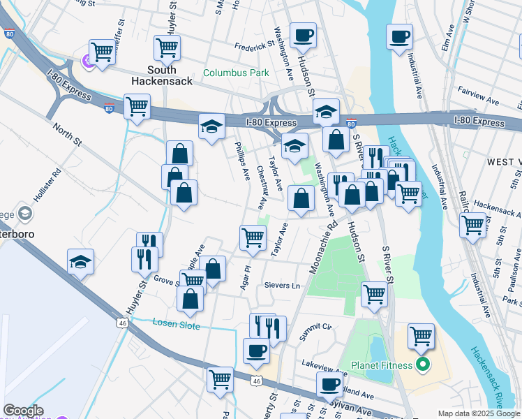 map of restaurants, bars, coffee shops, grocery stores, and more near 460 Chestnut Ave in South Hackensack