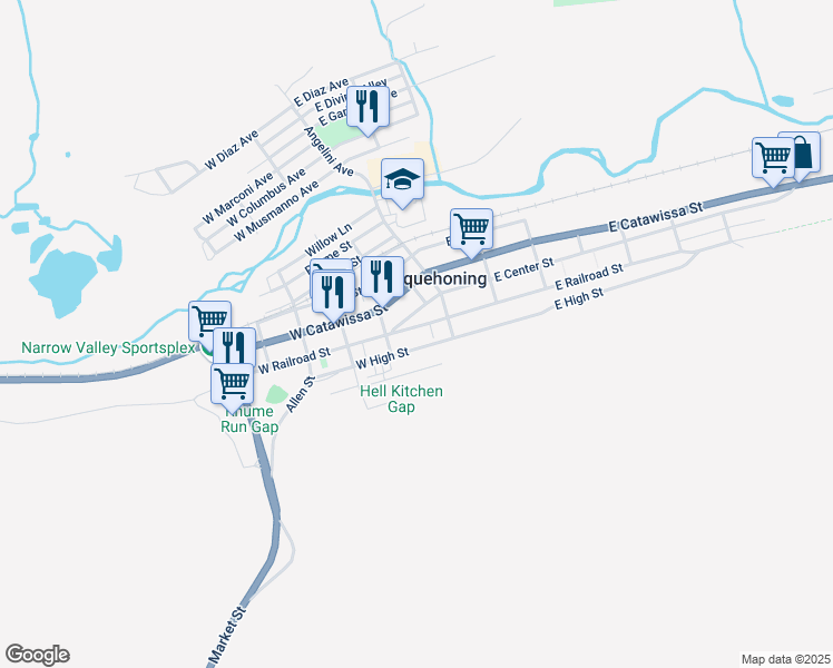 map of restaurants, bars, coffee shops, grocery stores, and more near 49 West Railroad Street in Nesquehoning