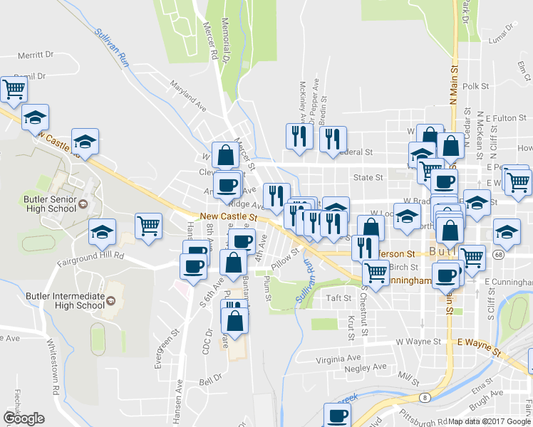 map of restaurants, bars, coffee shops, grocery stores, and more near 620 New Castle Street in Butler
