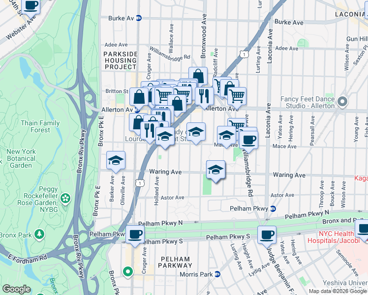 map of restaurants, bars, coffee shops, grocery stores, and more near 812 Mace Avenue in Bronx