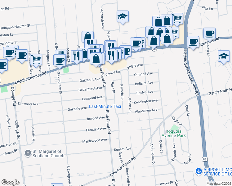 map of restaurants, bars, coffee shops, grocery stores, and more near 85 Rose Place in Selden