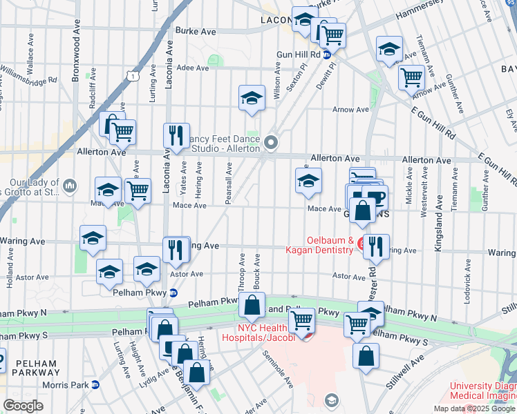 map of restaurants, bars, coffee shops, grocery stores, and more near 1275 Mace Avenue in Bronx