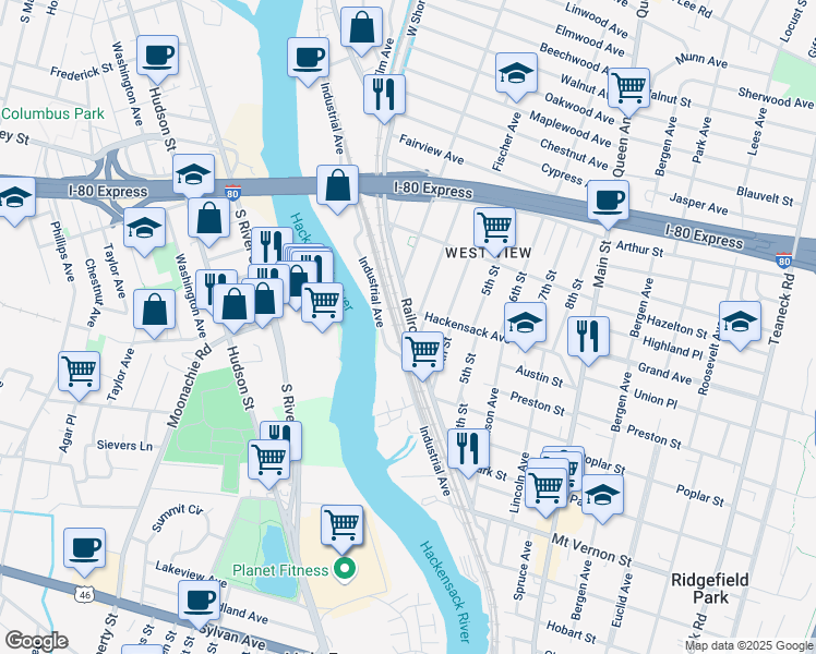 map of restaurants, bars, coffee shops, grocery stores, and more near 100 Railroad Ave in Ridgefield Park