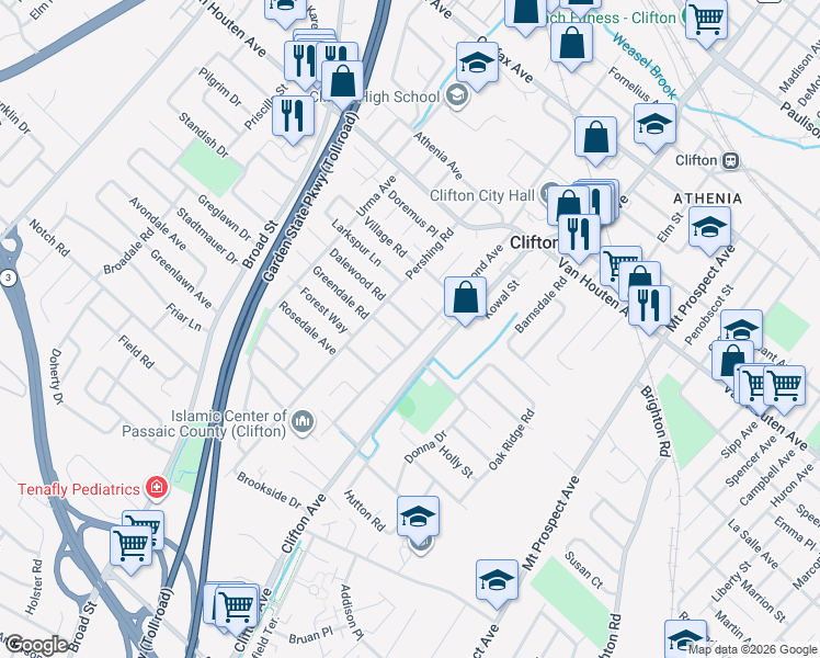 map of restaurants, bars, coffee shops, grocery stores, and more near 27 Duane Road in Clifton