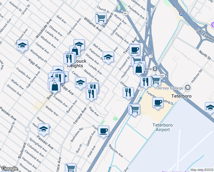 map of restaurants, bars, coffee shops, grocery stores, and more near 415 Madison Avenue in Hasbrouck Heights