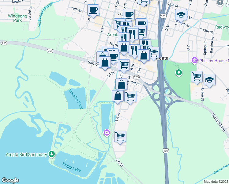 map of restaurants, bars, coffee shops, grocery stores, and more near 113 H Street in Arcata