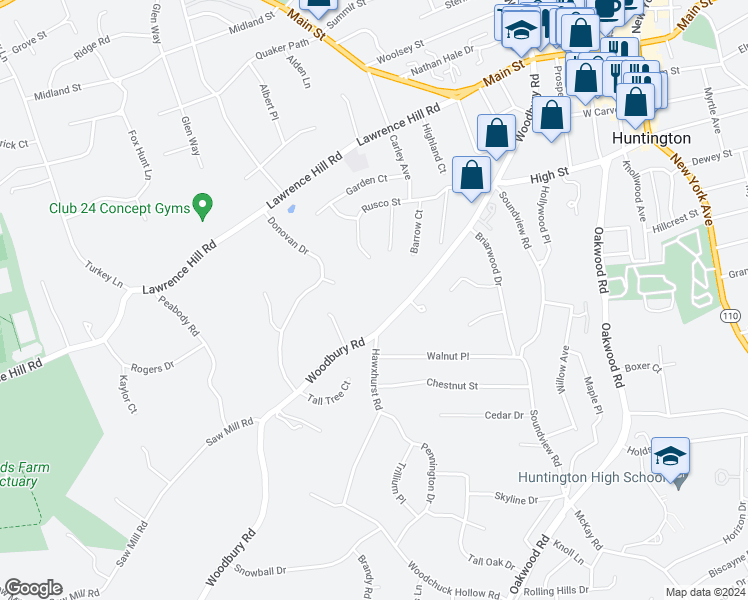 map of restaurants, bars, coffee shops, grocery stores, and more near 263 Woodbury Road in Huntington