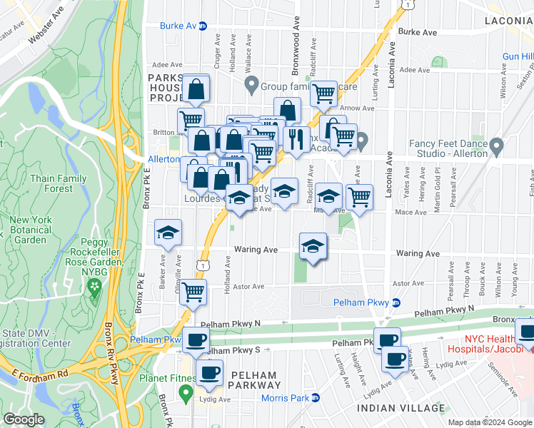 map of restaurants, bars, coffee shops, grocery stores, and more near 812 Mace Avenue in Bronx