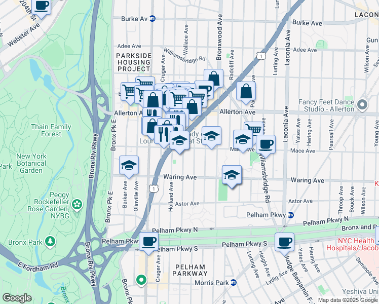 map of restaurants, bars, coffee shops, grocery stores, and more near 770 Mace Avenue in The Bronx
