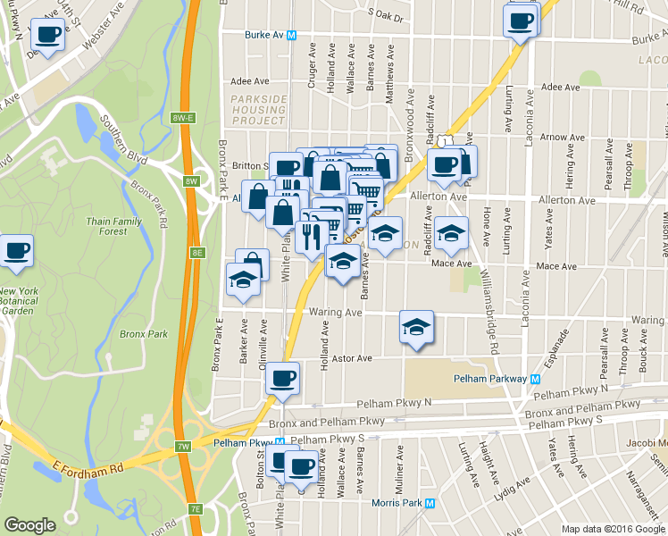 map of restaurants, bars, coffee shops, grocery stores, and more near 770 Mace Avenue in The Bronx