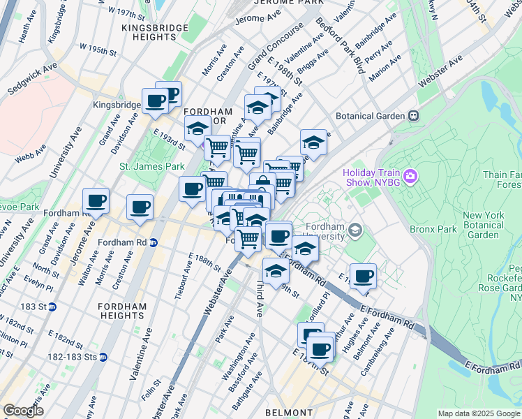 map of restaurants, bars, coffee shops, grocery stores, and more near in The Bronx