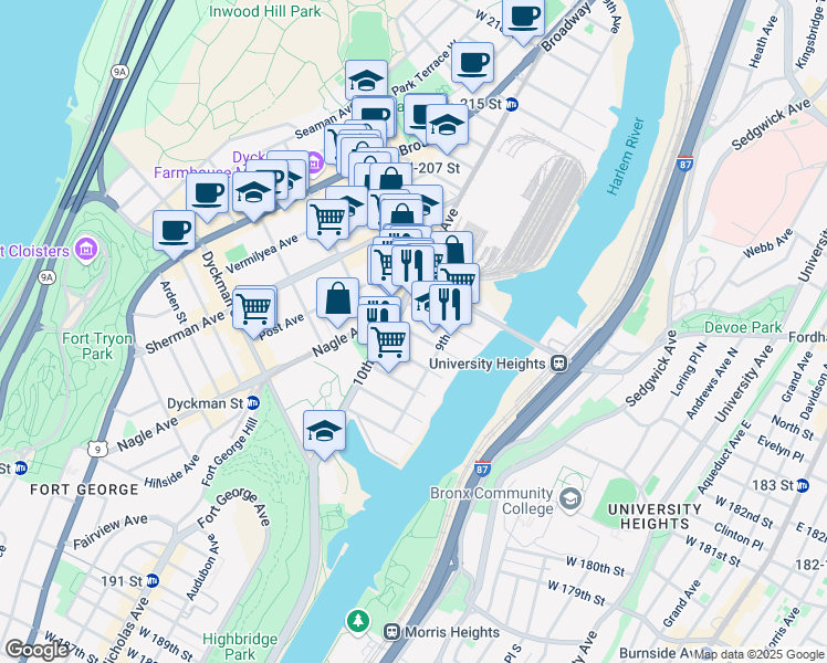 map of restaurants, bars, coffee shops, grocery stores, and more near 407 West 205th Street in New York