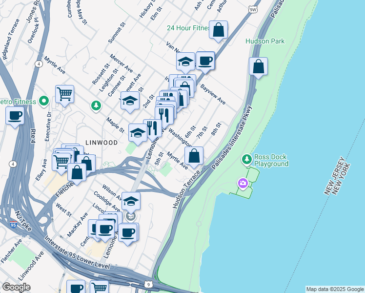 map of restaurants, bars, coffee shops, grocery stores, and more near 2430 6th Street in Fort Lee