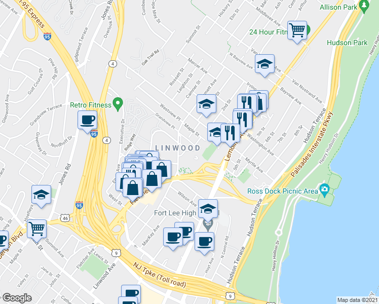 map of restaurants, bars, coffee shops, grocery stores, and more near 2348-2352 Linwood Avenue in Fort Lee