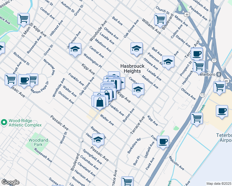 map of restaurants, bars, coffee shops, grocery stores, and more near 244 Boulevard in Hasbrouck Heights