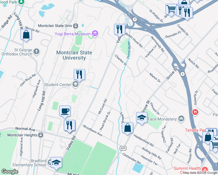 map of restaurants, bars, coffee shops, grocery stores, and more near 1175 Valley Road in Clifton