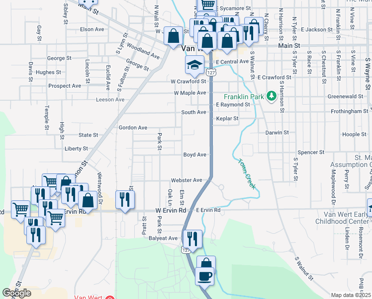 map of restaurants, bars, coffee shops, grocery stores, and more near 812 Elm Street in Van Wert