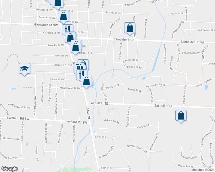 map of restaurants, bars, coffee shops, grocery stores, and more near 621 Penny Street Southeast in North Canton