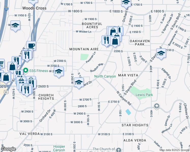 map of restaurants, bars, coffee shops, grocery stores, and more near 2512 Orchard Dr in Bountiful