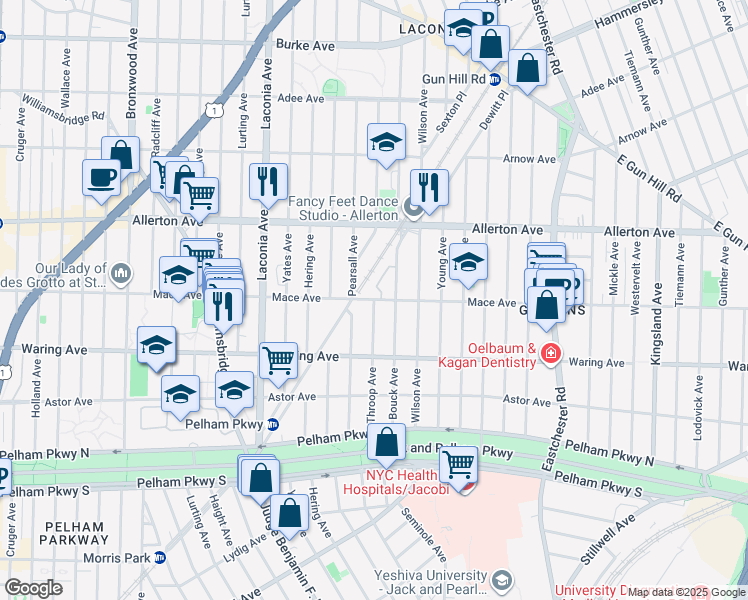 map of restaurants, bars, coffee shops, grocery stores, and more near Mace Ave & Throop Ave in Bronx