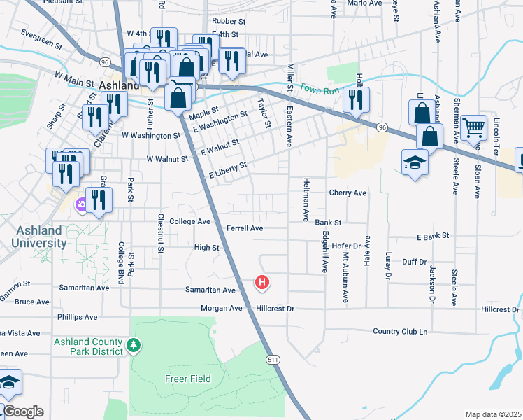 map of restaurants, bars, coffee shops, grocery stores, and more near 210 Highland Boulevard in Ashland