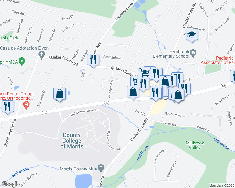 map of restaurants, bars, coffee shops, grocery stores, and more near 10 East Elizabeth Drive in Randolph