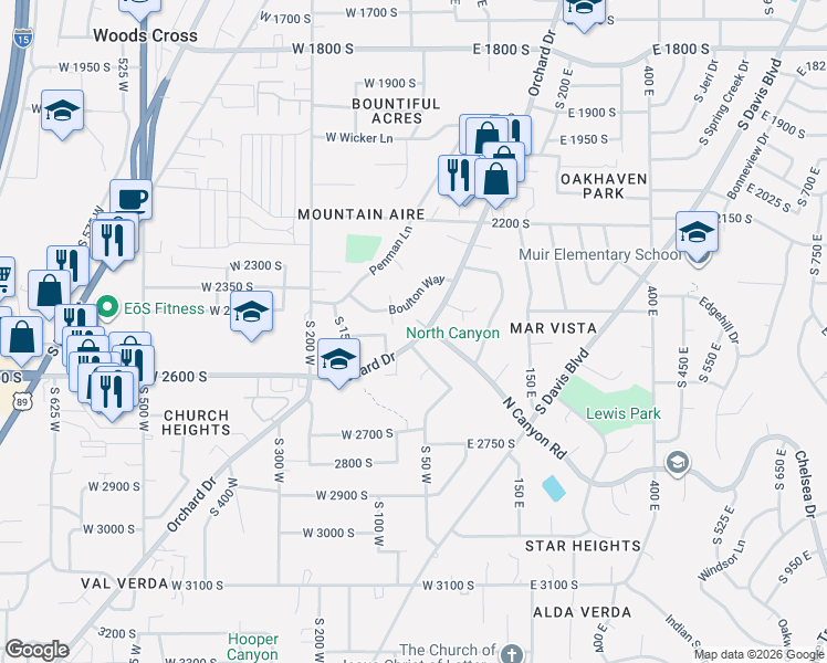 map of restaurants, bars, coffee shops, grocery stores, and more near 28 Orchard Drive in Bountiful