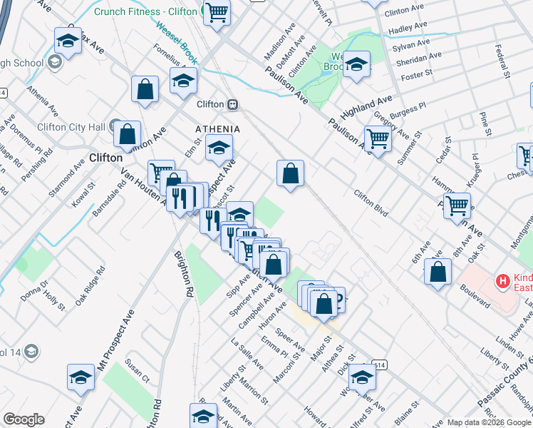 map of restaurants, bars, coffee shops, grocery stores, and more near 45 Monhegan Street in Clifton
