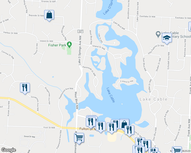 map of restaurants, bars, coffee shops, grocery stores, and more near 5421 Peninsula Drive Northwest in Canton