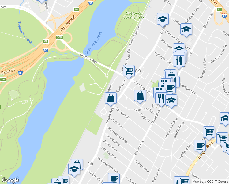 map of restaurants, bars, coffee shops, grocery stores, and more near 132 Spring Street in Leonia