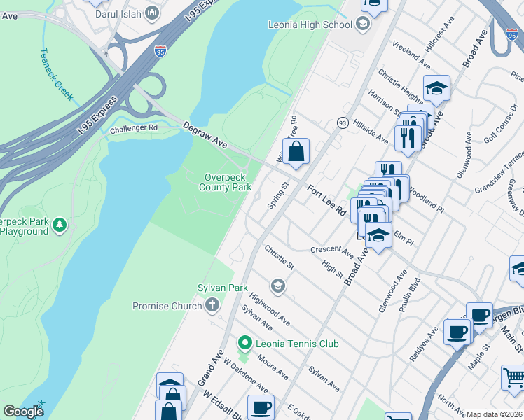map of restaurants, bars, coffee shops, grocery stores, and more near 132 Spring Street in Leonia