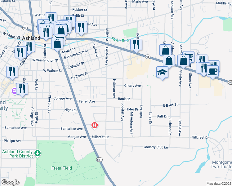 map of restaurants, bars, coffee shops, grocery stores, and more near 727 Heltman Avenue in Ashland