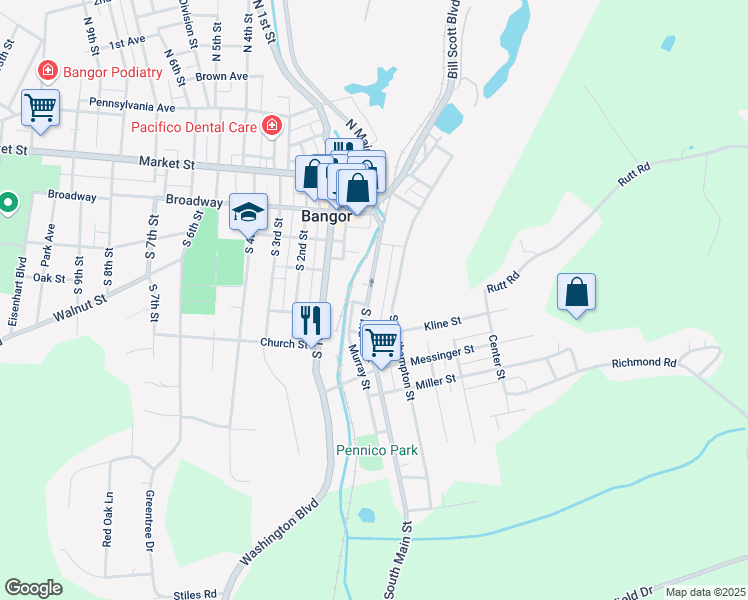 map of restaurants, bars, coffee shops, grocery stores, and more near 287 South Main Street in Bangor