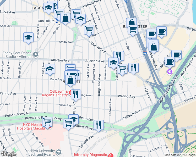 map of restaurants, bars, coffee shops, grocery stores, and more near 1621 Mace Avenue in Bronx