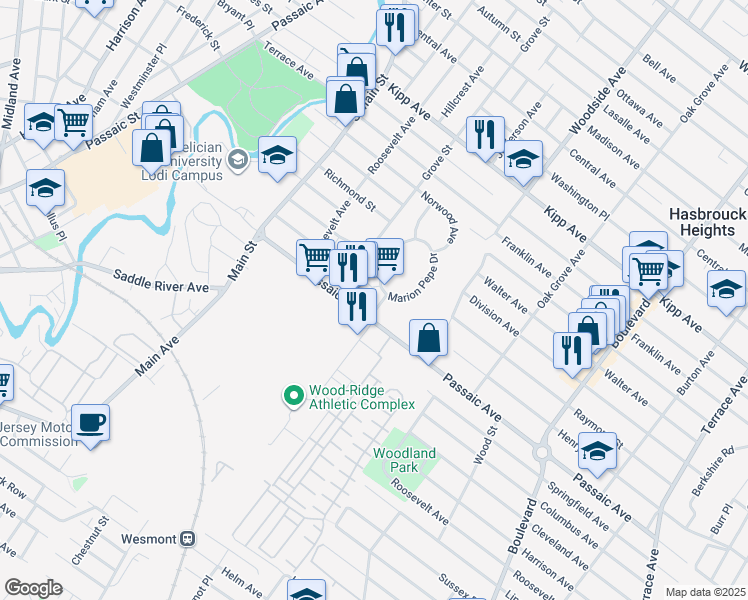 map of restaurants, bars, coffee shops, grocery stores, and more near 1 Marion Pepe Drive in Lodi