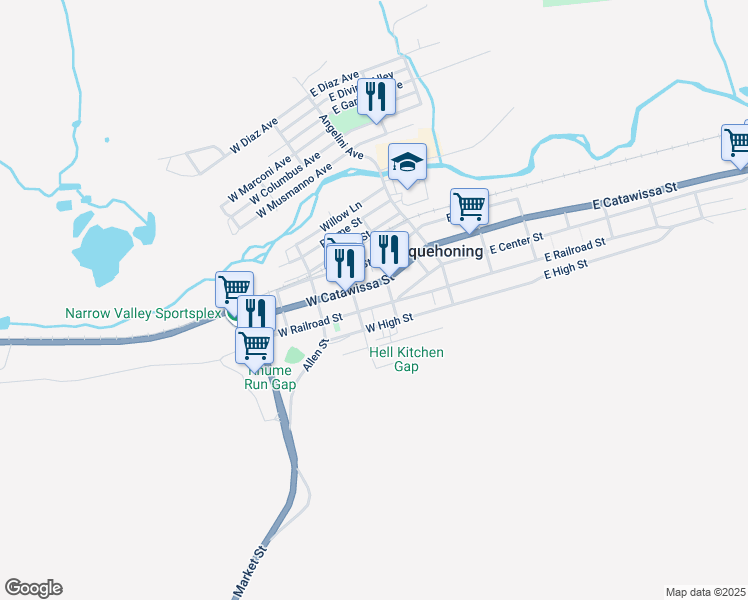 map of restaurants, bars, coffee shops, grocery stores, and more near 128 West Railroad Street in Nesquehoning