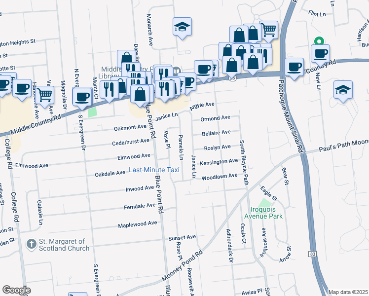 map of restaurants, bars, coffee shops, grocery stores, and more near 23 Pamela Lane in Selden