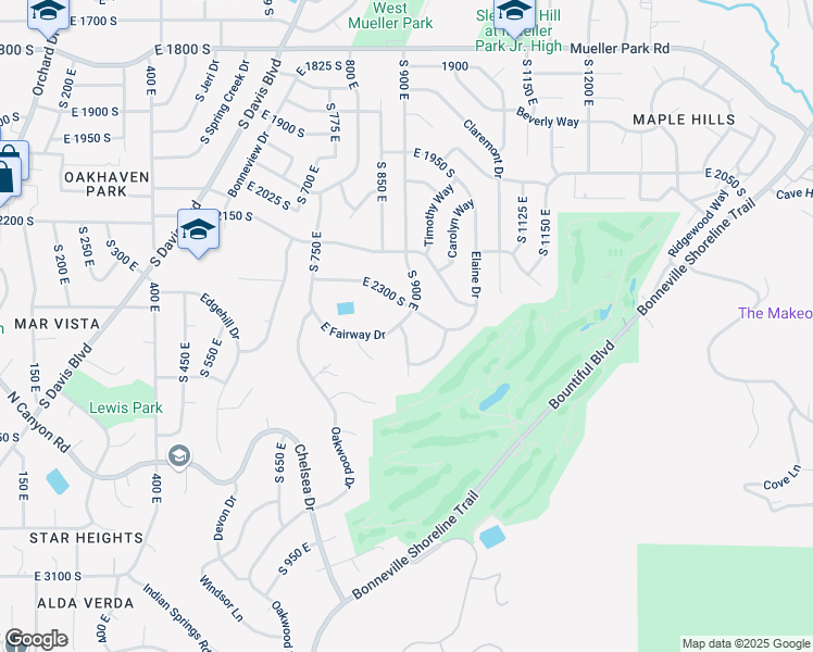 map of restaurants, bars, coffee shops, grocery stores, and more near 2415 Green Oaks Drive in Bountiful