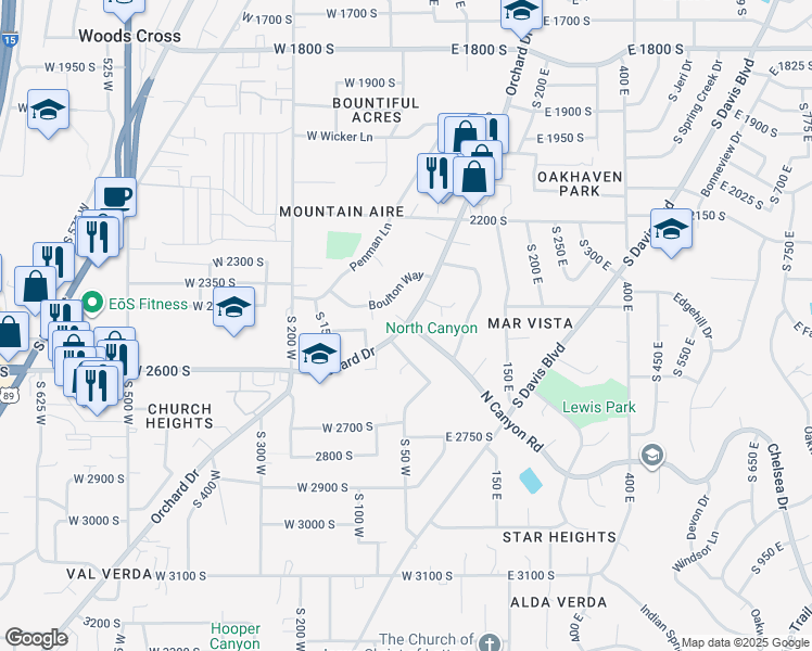 map of restaurants, bars, coffee shops, grocery stores, and more near 5 Orchard Drive in Bountiful