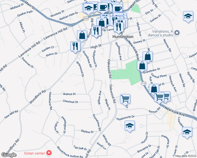map of restaurants, bars, coffee shops, grocery stores, and more near 4 Willow Avenue in Huntington