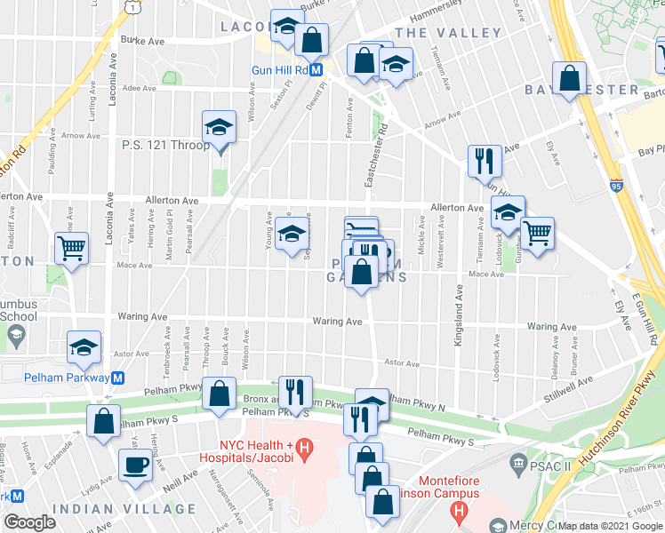 map of restaurants, bars, coffee shops, grocery stores, and more near 2500 Morgan Avenue in Bronx