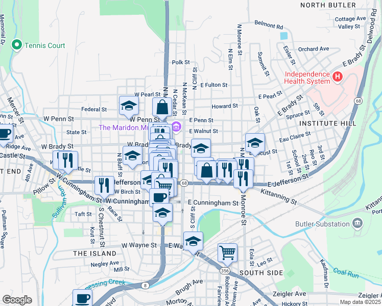 map of restaurants, bars, coffee shops, grocery stores, and more near 220 North Cliff Street in Butler