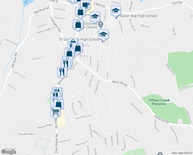 map of restaurants, bars, coffee shops, grocery stores, and more near 130 Berry Hill Road in Oyster Bay